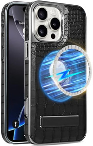 Wibrthz Leather Case for iPhone 16 Pro Max, Luxury Crocodile Pattern PU Leather with Kickstand, Luxury Electroplated Edge Frame Slim Shockproof Stand