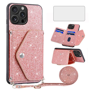 Asuwish Phone Case for iPhone 16 Pro Max 6.9 inch Wallet Cover with Tempered Glass Screen Protector and Crossbody Strap Bling Glitter Card Holder Cel