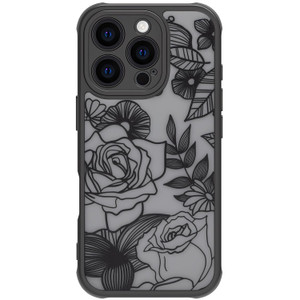 Dumkery Cute Flower Case Compatible with iPhone 16 Pro Max Case, Rose Aesthetic Black Line Art Floral Pattern Print, Slim Fit PC and TPU Heavy Duty P