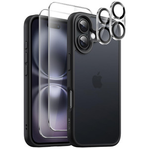 JETech 5 in 1 Matte Case for iPhone 16 6.1-Inch with 2-Pack Each Tempered Glass Screen Protector and Camera Lens Protector, Translucent Back Shockpro