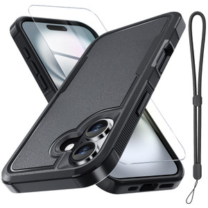 RMOCR Case for iPhone 17 Phone Cover with Screen Protector,Military Grade Heavy Duty Shockproof PhoneCase with Wrist Lanyard Strap,2025 Black Matte