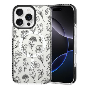 SAKUULO Floral Case for iPhone 16 Pro, Clear Slim Soft Silicone Shockproof Case with Flower Branch Pattern, Compatible with Magsafe, Transparent Blac