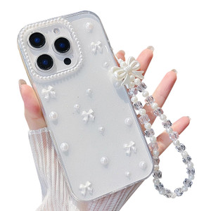 MINSCOSE for iPhone 16 Pro Max Clear Glitter Case, Cute Bow Pearl Aesthetic Girly Transparent Phone Case with Phone Charms Chain Bracelet,Soft Protec
