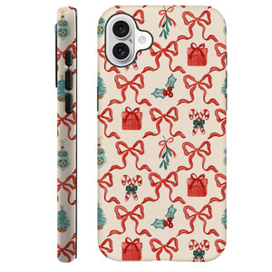 Generic Case Compatible with iPhone 16 - Hybrid Durable Shockproof Phone Cover,Cases for Woman Girl - Red Green Christmas Scroll Bow
