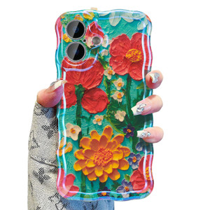 UEEBAI Case for iPhone 16 Plus, Colorful Retro Oil Painting Flower Case Pretty Glossy Pattern Wave Cover Cute Sparkly Floral Curly Cover Stylish Shel