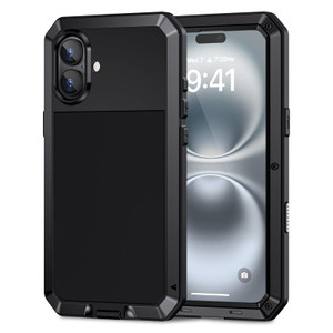 Lanhiem for iPhone 16 Plus Metal Case, Heavy Duty Shockproof Tough Rugged Case with Built-in Glass Screen Protector, 360 Full Body DustProof Protecti