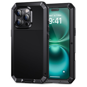 Lanhiem for iPhone 16 Pro Case, Metal Heavy Duty Shockproof Tough Rugged Case with Built-in Glass Screen Protector, 360 Full Body DustProof Strong Pr