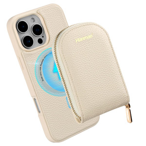 Hanman Magnetic Wallet Case for iPhone 16 Pro - RFID Blocking PU Leather Zipper Purse Magnetic Cover - Suitable for iPhone 16 Pro - Beige