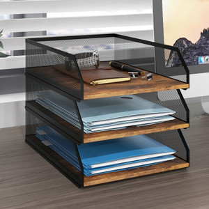 Natwind 3-Tier Stackable Paper Tray, Metal Mesh Desktop Organizer, Wood Board Paper Sorter, Letter Trays,File Document Storage Rack for for Home, Off