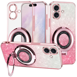Yarxiawin for iPhone 16 Case Clear Glitter with Ring Stand Magnetic for Wireless Charger, Pink Shockproof Cover iPhone 16 Phone Case Silicone Soft Sl