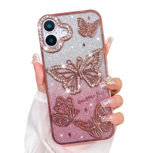 Bonoma Glitter Case for iPhone 16 Plus, Cute 3D Butterfly Pattern Plating Bling Case,Camera Protection Sparkly Slim Soft Back Cover for Women Girls,P