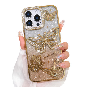 Bonoma Glitter Case for iPhone 16 Pro Max, Cute 3D Butterfly Pattern Plating Bling Case,Camera Protection Sparkly Slim Soft Back Cover for Women Girl