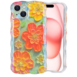IDweel Case for iPhone 15 Plus,for iPhone 14 Plus Case Cute,Colorful Retro Oil Painting Printed Flower Glossy Pattern Curly Wave Edge Exquisite Styli