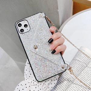 Omorro for iPhone 16 Pro Bling Case, Glitter Diamond Sequins Case Small Credit Card Cash Holder Wallet Case with Shiny Crossbody Chain Hard Back Prot