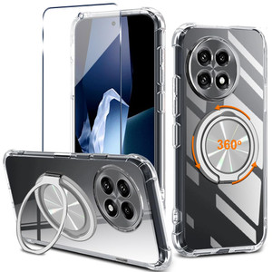 Compatible for OnePlus 13R 5G 2025 Phone Case with Glass Screen Protector 360° Rotatable Ring Holder Kickstand [Non Yellowing] Transparent 4 Corners