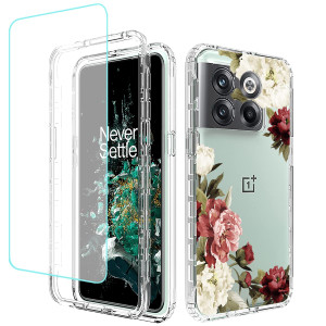 Tothedu Phone Case for OnePlus 10T 5G/OnePlus Ace Pro Case, CPH2415 Case with Tempered-Glass Screen Protector, Cute Clear Floral Pattern Full Body Pr
