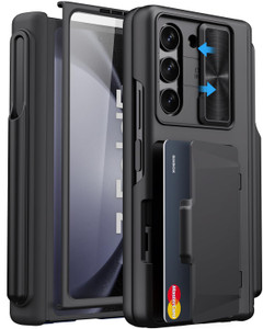 SIXBOX for Samsung Galaxy Z Fold 5 Case with Card Holder & S Pen Holder & Slide Lens Cover, Built-in Hinge Protection & Screen Protector, Durable Stu