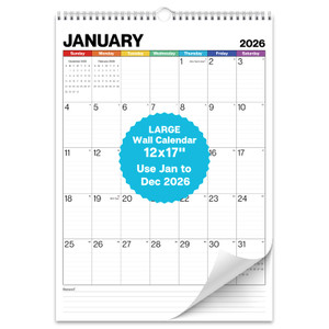 Dunwell Large Wall Calendar 2026, 12x17 (Colorful), Big Grid 12 x 17 Hanging Monthly Calendar with Large Daily Blocks, Premium Paper, Use Jan to Dec