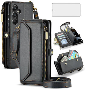 Asuwish Phone Case for Samsung Galaxy A16 5G/4G Zipper Wallet Cover with Tempered Glass Screen Protector and Leather Flip RFID Blocking Credit Card H