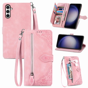 Furiet Wallet Case for Samsung Galaxy S24 FE 5G with Wrist Strap Lanyard, Flower Pattern Zipper Pocket PU Leather Flip Card Holder Stand Folio Purse