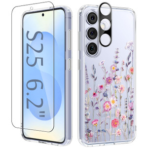 GVIEWIN Compatible with Samsung Galaxy S25 Case, Clear Floral Slim Shockproof Protective Women Phone Case, Non-Yellowing, with Screen Protector & Cam