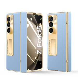 Libeagle for Samsung Galaxy Z Fold 5 Case, Electroplated Frame, Leather on Back & Hinge Protection, Screen Protector, Metal Stand, Camera Protection,