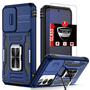 FRLMOOES for Samsung Galaxy S24 FE Case with 2 Screen Protectors,Built-in Slide Camera Cover,with 360°Stand Ring for S24FE Case Shockproof Anti-Scrat