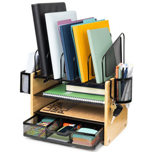 DeskEaze Heavy Duty Wooden Desk Organizer with Drawer - Wooden Desk Shelf for Storage & Organization - Office Tray for Files, Mail, and Supplies - Sm