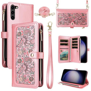 Dswteny for Samsung Galaxy Z Fold 6 5G 2024 Floral Wallet Case with Wrist Strap Shoulder Strap Zipper Purse, PU Leather Flip Credit Card Holder Stand