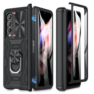 Caka Galaxy Z Fold 3 Case with Slide Camera Lens Cover, Built-in Kickstand Ring Holder Tempered Glass Screen Protector, Magnetic Case for Samsung Z F