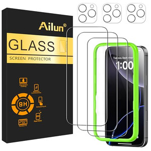 Ailun 3 Pack Screen Protector for iPhone 16 Pro [6.3 inch] + 3 Pack Camera Lens Protector with Installation Frame,Case Friendly Tempered Glass Film,[