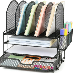 ORDROLL Desk Organizers and Accessories with Drawer, File Organizer with 5 Vertical File Holders and Pen Holders, Office Desk Accessories Workspace D