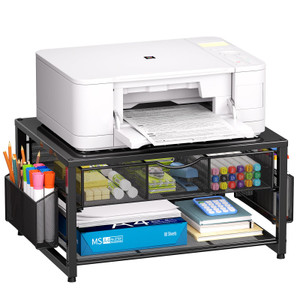 Marbrasse Metal Printer Stand for Desk with Storage Drawer and 2 Pen Holders, 2-Tier Desktop Organizer Printer Table for Home Office, Multi-Purpose D