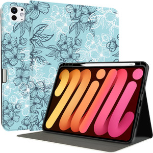 MAYCARI White Lake Blue Flowers iPad Case for iPad Pro (M4) 2024 13 Inch with Pencil Holder Handmade iPad Pro 5th Generation Case Floral Fine Grained