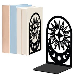 WADORN Moon Sun Metal Bookends for Shelves Decorative 1 Pair, Heavy Duty Books End Support Non-Skid Book Holders Black L-Shaped Book Stopper for Home