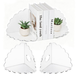 Scalloped Acrylic Bookends 4 Pack, Heavy Duty Clear Book Holder Stands with Non-Slip Pads for Large Books, Files, CDs & Games, Modern Shelf & Office