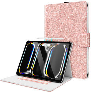 Fingic for iPad Pro 11 inch Case 2025/2024 M5/M4 6th/5th Glitter Sparkly with Pencil Holder Support Pencil Pro and Pencil(USB-CPU Leather Folio Smart