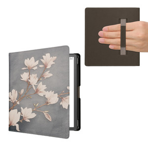 kwmobile Case Compatible with Amazon Kindle Scribe (2022/2024) Case - PU Cover w/Strap - Magnolias Taupe/White/Blue Grey