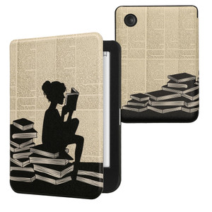 kwmobile Case Compatible with Kobo Clara BW/Colour Case - eReader Cover - Girl and Books Black/Beige