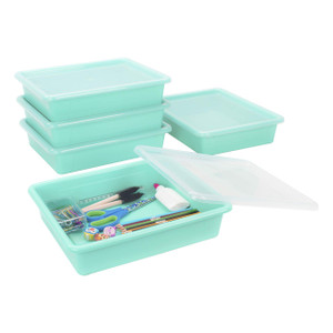 Storex Letter Size Flat Storage Tray  Organizer Bin with Non-Snap Lid for Classroom, Office and Home, Teal, 5-Pack (62541U05C)