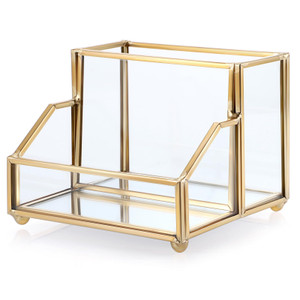 Hipiwe Glass Business Card Holder Stand with Pen/Pencil Organizer Gold Business Name Cards Display Holder for Home Office Desktop Countertop, 2 Slots