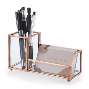 Hipiwe Glass Business Card Holder Stand Metal Pen Pencil Storage Holder for Desk Clear Business Card Display Organizer Case for Office Home Desktop,R
