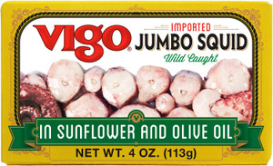 Vigo Premium Imported Canned Seafood, Specialty Flavored, Perfect for Recipes and Dishes (Jumbo Squid in Sunflower & Olive Oil, 4 Ounce (Pack of 10))