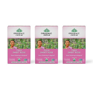 ORGANIC INDIA Tulsi Sweet Rose Herbal Tea - Holy Basil Leaf, African Basil, Chamomile, Lemon Myrtle, Stress Relieving, Caffeine Free - 18 Bags, 3 Pac