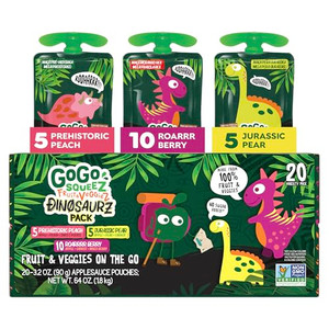 GoGo squeeZ Fruit & veggieZ Applesauce and Puree Variety Pack, Jurassic Pear, Roarrrr Berry & Prehistoric Peach, 3.2 oz (Pack of 20), Unsweetened Sna