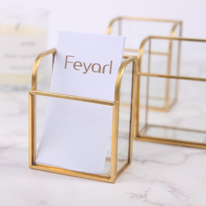 Feyarl 1pcs Gold Glass Business Card Holder Stand Vertical Business Card Display Clear Business Name Card Organizer Appointment Gift Cards Storage fo