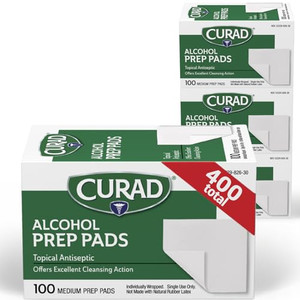 CURAD Alcohol Prep Pads (Pack of 4 Boxes) | 400 Pieces of Medium Isopropyl Wipes Individually Wrapped | First Aid Swabs for Cuts & Scrapes | Medical