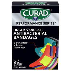 Curad Performance Series Fingertip and Knuckle Antibacterial Bandages, Extreme Hold Adhesive Technology, Fabric Bandages, 20 Count