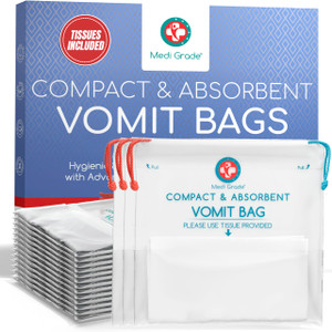 Medi Grade Absorbent Vomit Bags Disposable for Adults and Kids, 22pcs - Travel Essentials Leakproof Barf Bags with Tissues Turn Vomit to Gel and Prev