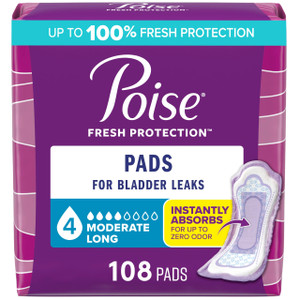 Poise Incontinence & Postpartum Pads for Bladder Leaks, 4 Drop Moderate Absorbency, Long Length, 108 Count, Packaging May Vary